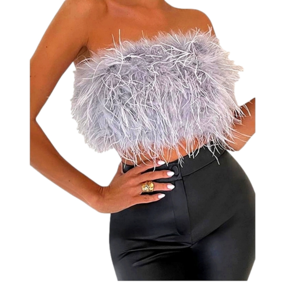 Women Sexy Faux Fur Tube Crop Top Solid Color Feather Strapless Zip Up Clubwear